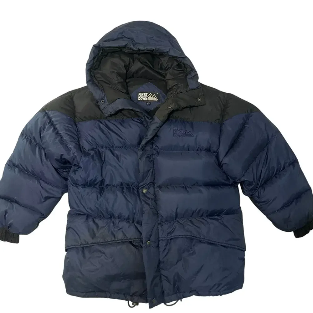First Down Puffer heavy duty coat Vintage Black&Blue Mens LG Duck Down  3.5lb